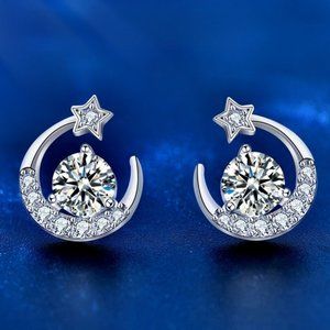 Certified 1 ct. t.w. Moissanite Diamond Moon Star  Stud Earrings NEW